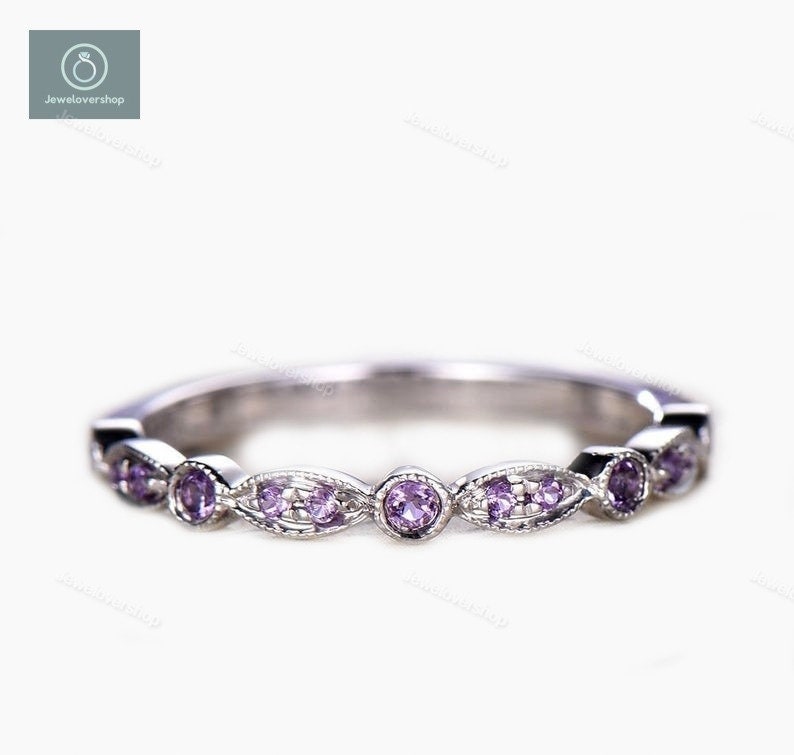 Unique Sterling Silver Ring, Amethyst Wedding Art Deco Band, Half Eternity Matching Anniversary Gift For Her