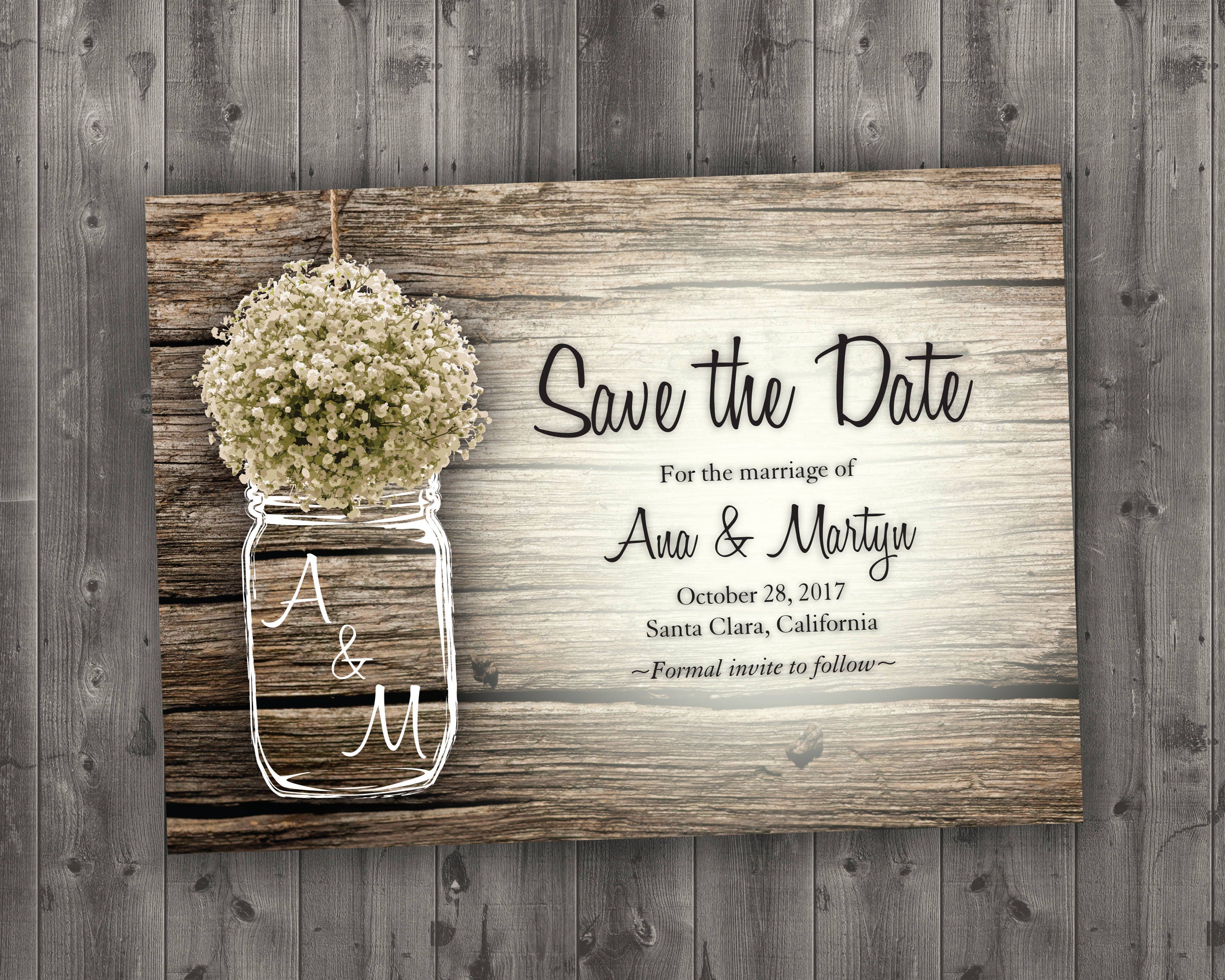 Mason Jar Baby's Breath Flowers Rustic Save The Date Printed - Wedding The Date, Affordable, Cheap, Wood, Summer, Outside