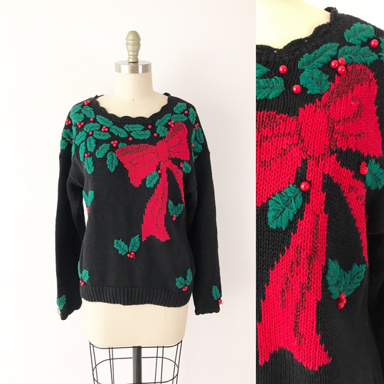 Size S 1980S Christmas Holly Holiday Sweater/80S Intarsia Knit Bow & Scalloped Boatneck in Red