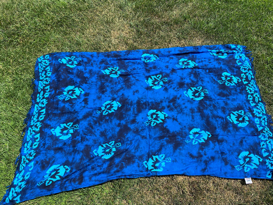 Hawaiian Blue & Cyan Tie Dye Blend Hibiscus Wraparound Sarong Skirt