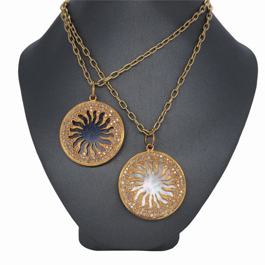 14K Gold, Diamond, Handmade, Sun Motif, Mother Of Pearl, Lapis Lazuli, Charm Pendant