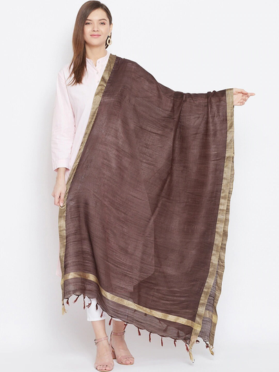 Women's Cotton Blend Coffee Brown & Gold-Toned Solid Dupatta Free Shipping