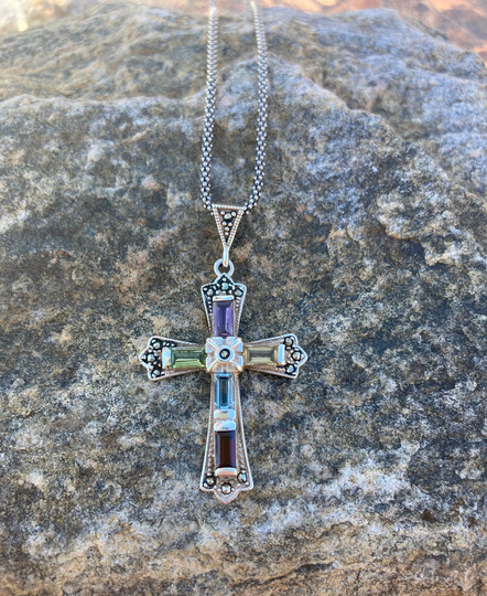 Vintage, Sterling Silver, Marcasite With Multicolored Gemstones Cross Pendant Chain Link Necklace, 18" Chain, 7.97 Grams