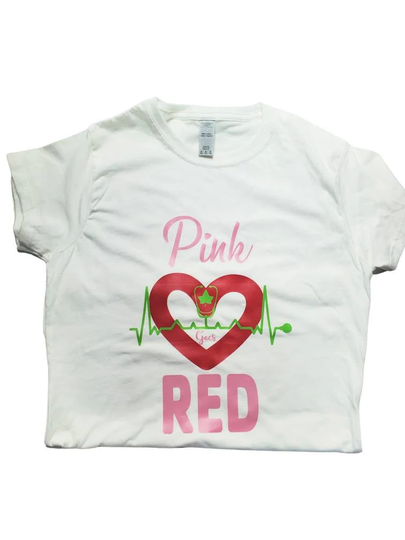 Pink Goes Red For Heart Health T-Shirt Tee Pretty Girls & Green & Woman