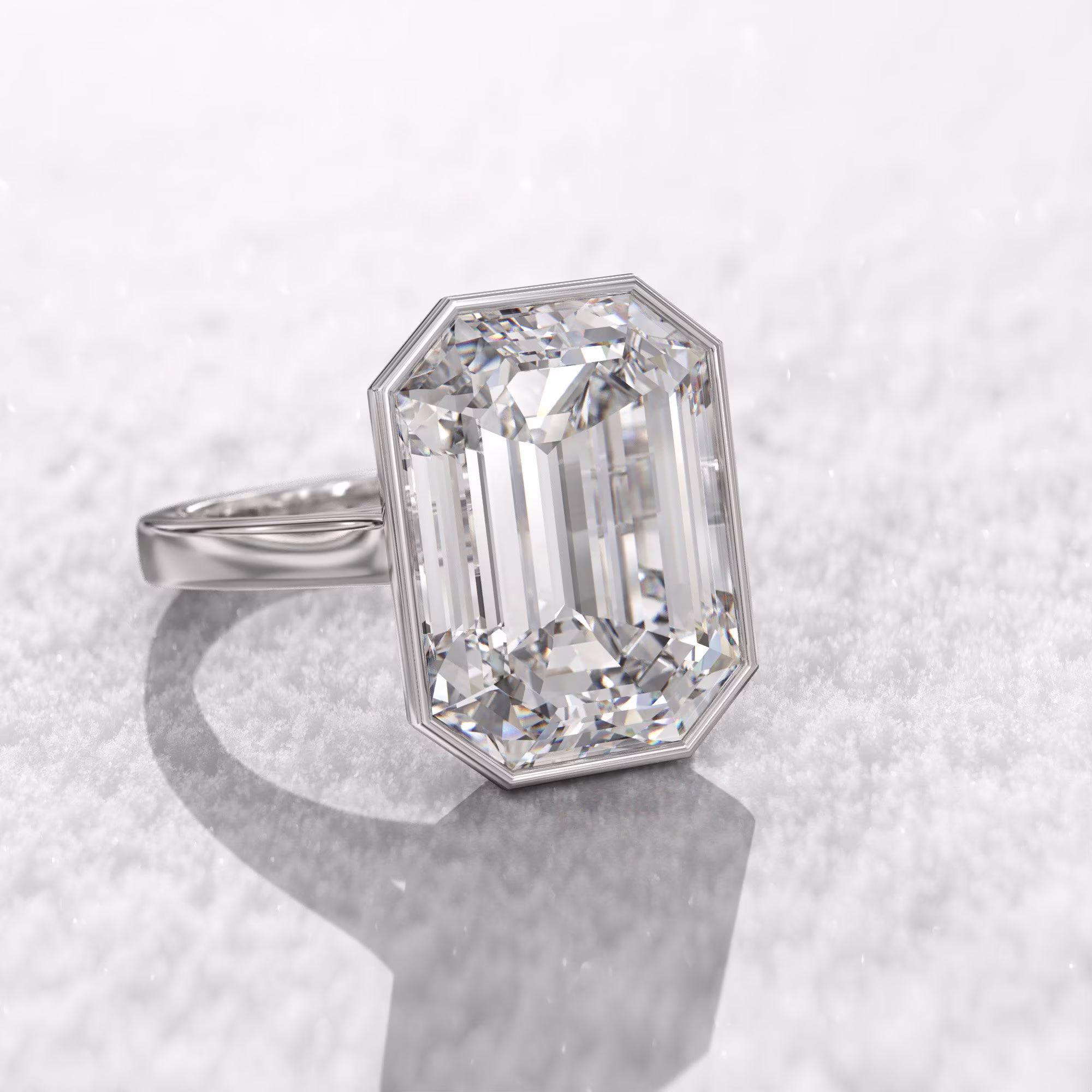 Emerald Cut Bezel Set Ring 10Ct Moissanite Solitaire Cathedral Engagement