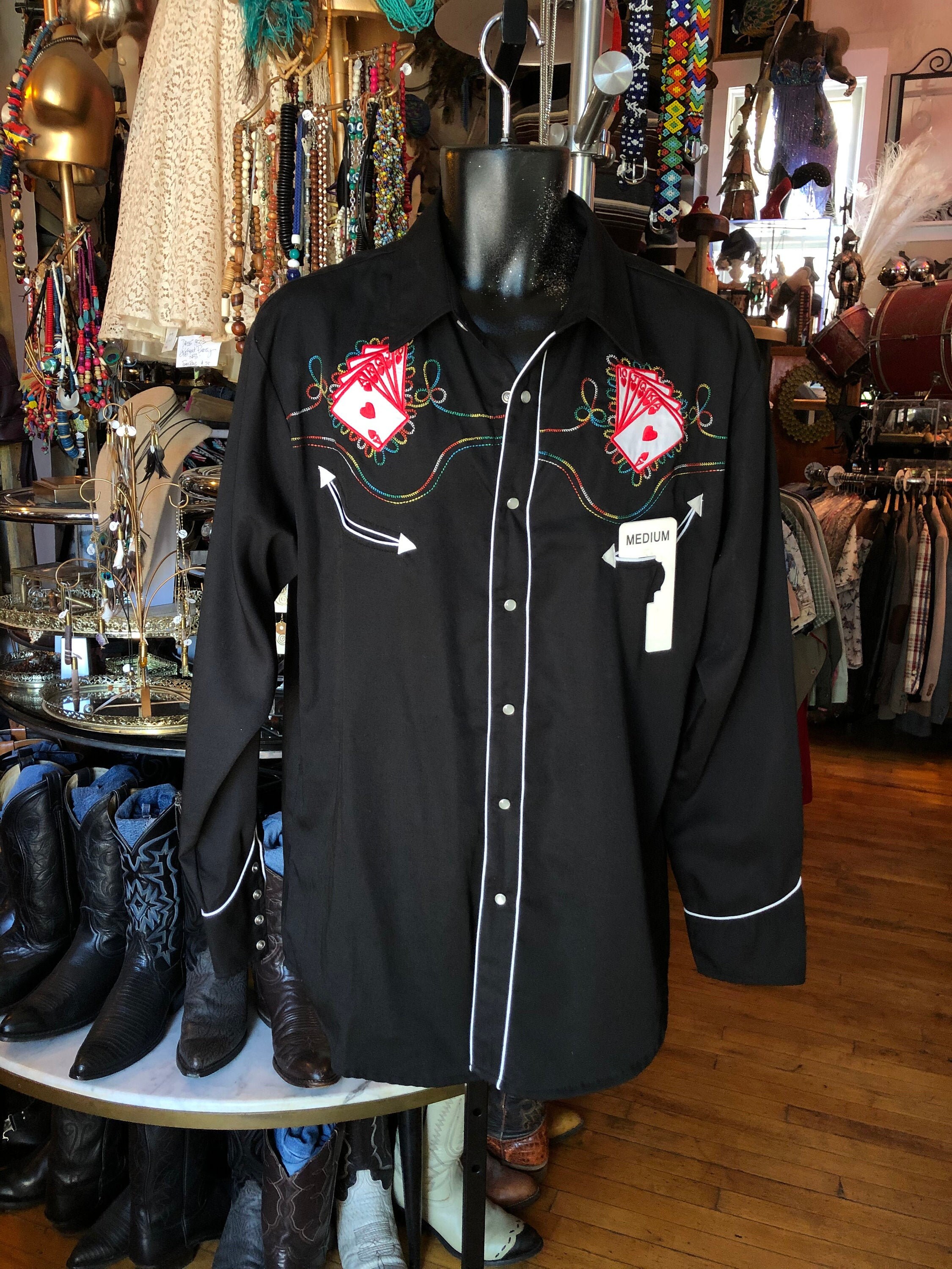 70's Rockabilly Black Cotton Blend Shirt With Poker Cards Embroidered Theme