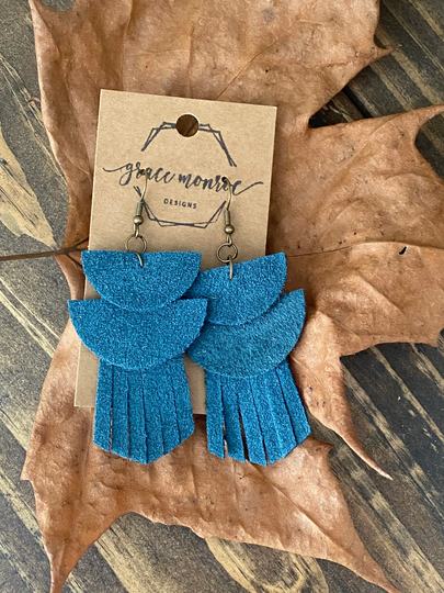 Triple Layer Fringe Earring, Leather Earrings, Fall Geometric Boho Hippie, Western Teal Earrings