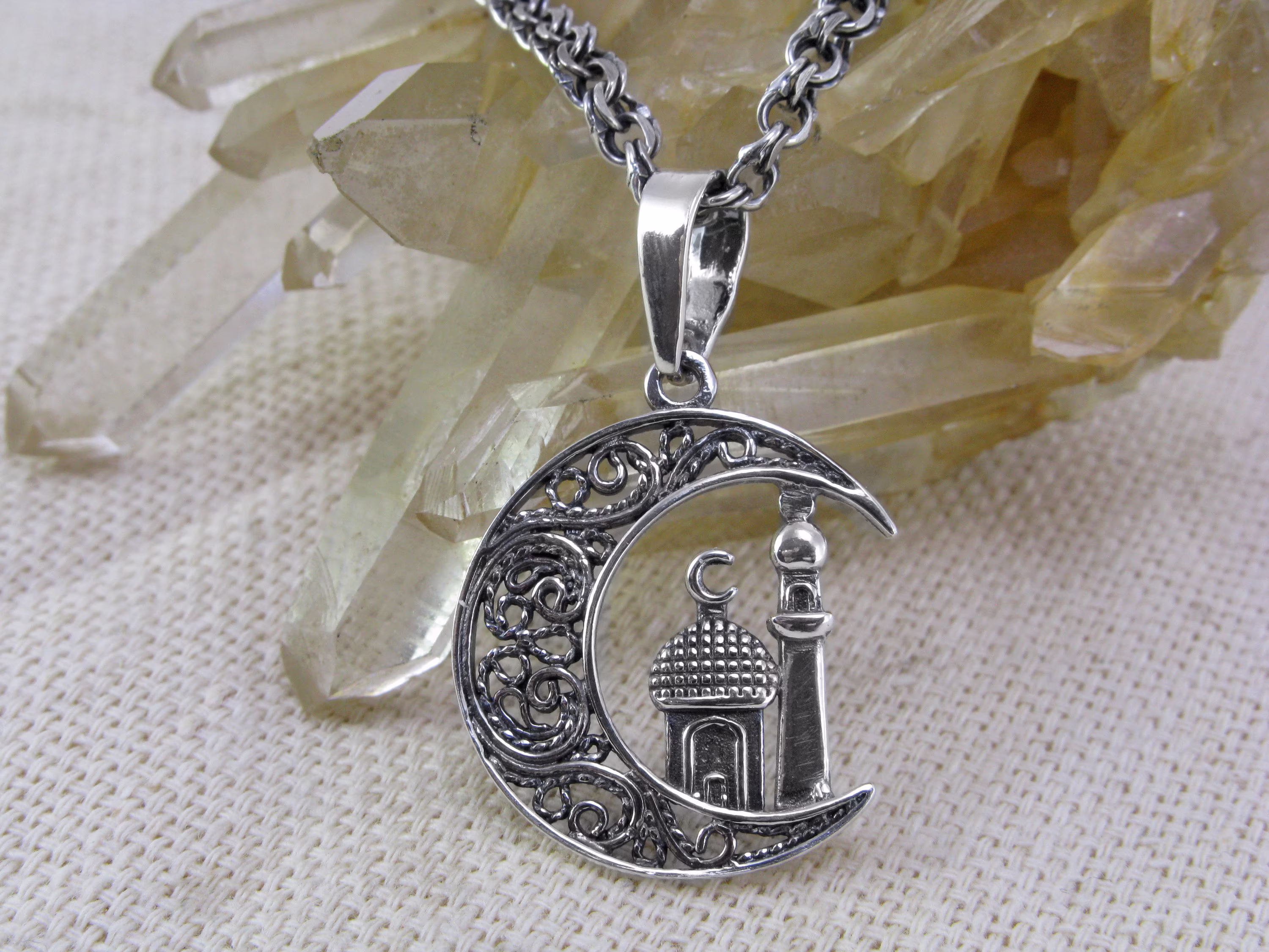 Silver Mosque in Crescent Moon Muslim Pendant Islamic Necklace/Jewelry For Women & Men