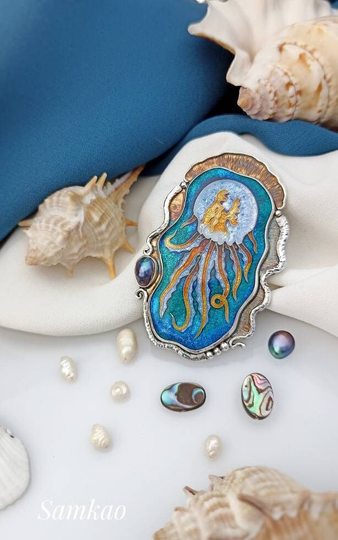 Jellyfish Brooch-Pendant, Cloisonne Enamel Pendant, Handmade Sterling Silver Jewelry, Sea Creatures Jewelry, Mermaid Jewelry, Black Pearl