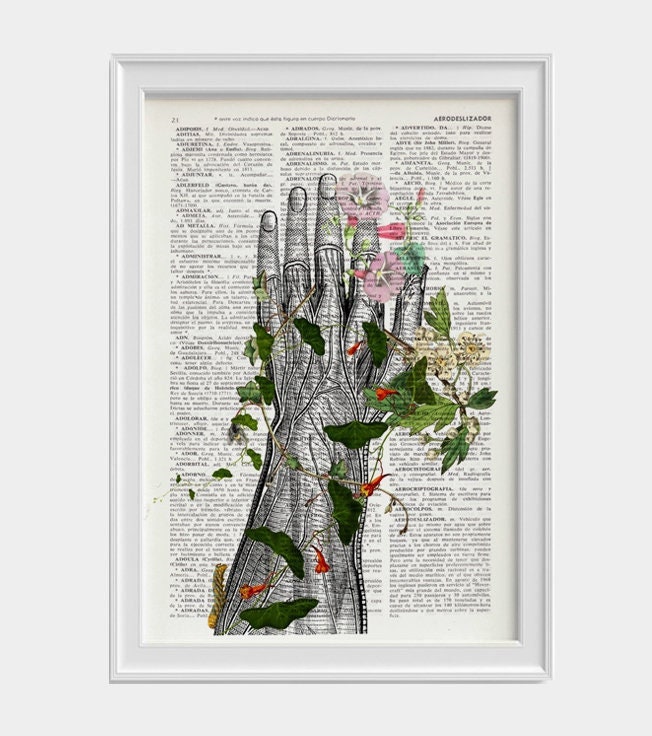 Wall Art Print Human Hand With Flowers Anatomy Print On Dictionary Art, Love Human Wall Decor Ska092