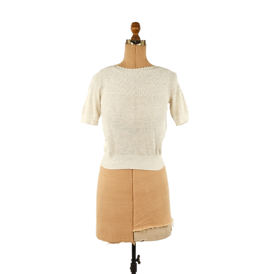 Vintage 70S Soft Rayon Blend Cream Semi Sheer Eyelet Knit Short Sleeve Sweater Top S