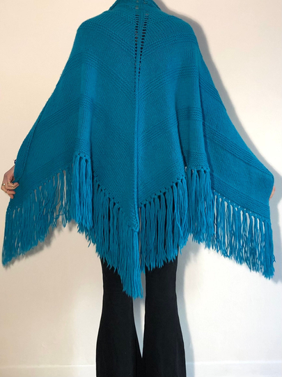 70's Turquoise Blue Wool Hand Knit Crochet Stevie Knicks Fringe Scarf Shawl Cover Up