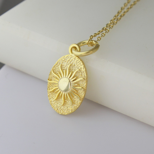 Sun Coin Necklace 14K Solid Gold Elegant Celestial Oval Medallion Birthday Gift For Women Christmas