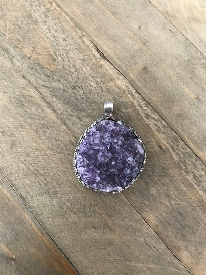 Amethyst Druzy Pendant, Handcrafted, Nepalese, Himalayan, Tibetan Repousse Silver, Floral Back, Natural Gemstone, 55x43 Mm