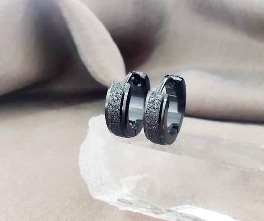 4mm Matte Shimmer Black Hoop Huggies Earrings, Minimalist Surgical Steel Unisex Cool Edgy Earrings