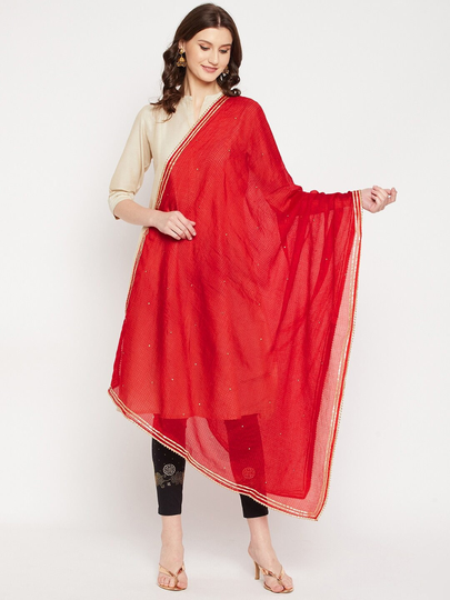 Women Cotton Blend Red Checked Dupatta Gotta Patti, Embellished Border Free Shipping