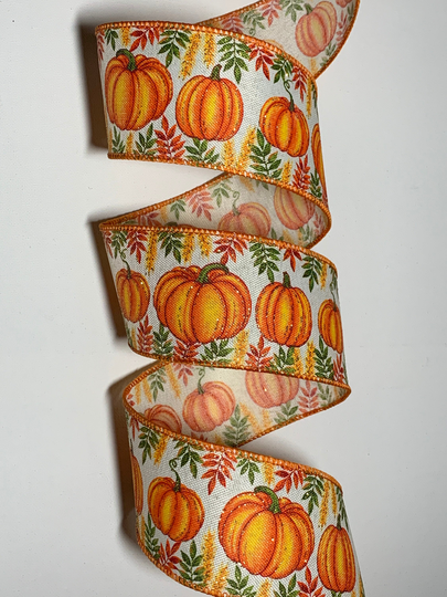 2.5" Pumpkin Patch Ribbon ~ Sparkle Linen Wired Edges 10 Yard Roll
