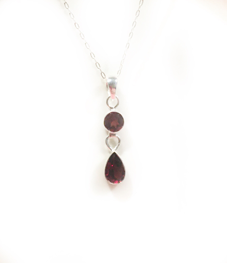 Sterling Silver Garnet Necklace, Pendant With Chain Included, Round & Pear Shaped, Lavaliere Style, January Birthstone