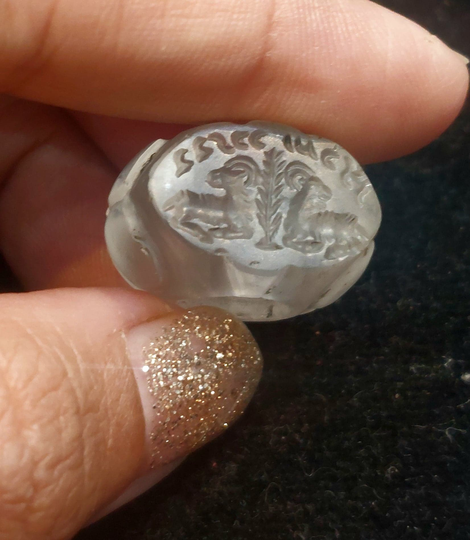 Ancient Superb Roman Crystal Intaglio Double Ram Tall Grass Signet Stamp Bead