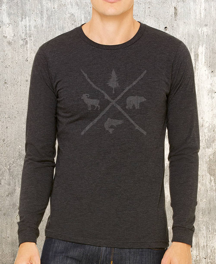 Tri Blend T Shirt - Long Sleeve Mountain Men Pine Bear Trout Bighorn Hiking Forest Fathers Day Gift