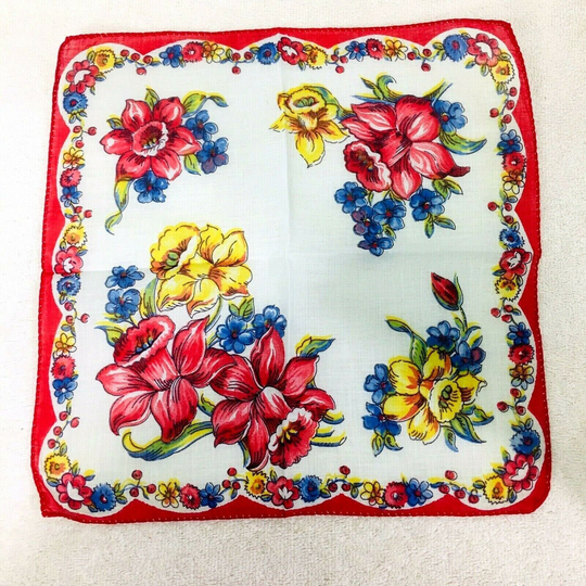 Vintage Hankie Yellow Red Pink Blue Daffodil Small Floral Garland Edge 11.5