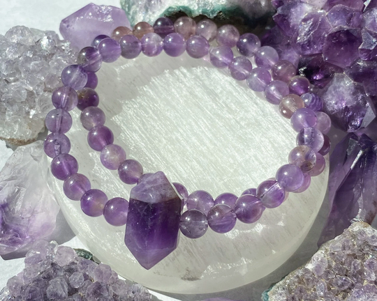 Amethyst Crystal Point Beaded Gemstone February Birthstone Bracelet