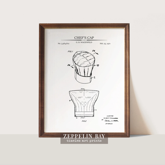 Chef Gift, Chef's Cap Patent Art Print, Kitchen Wall Art, Cook Vintage Invention Drawing Printed On Fine Paper