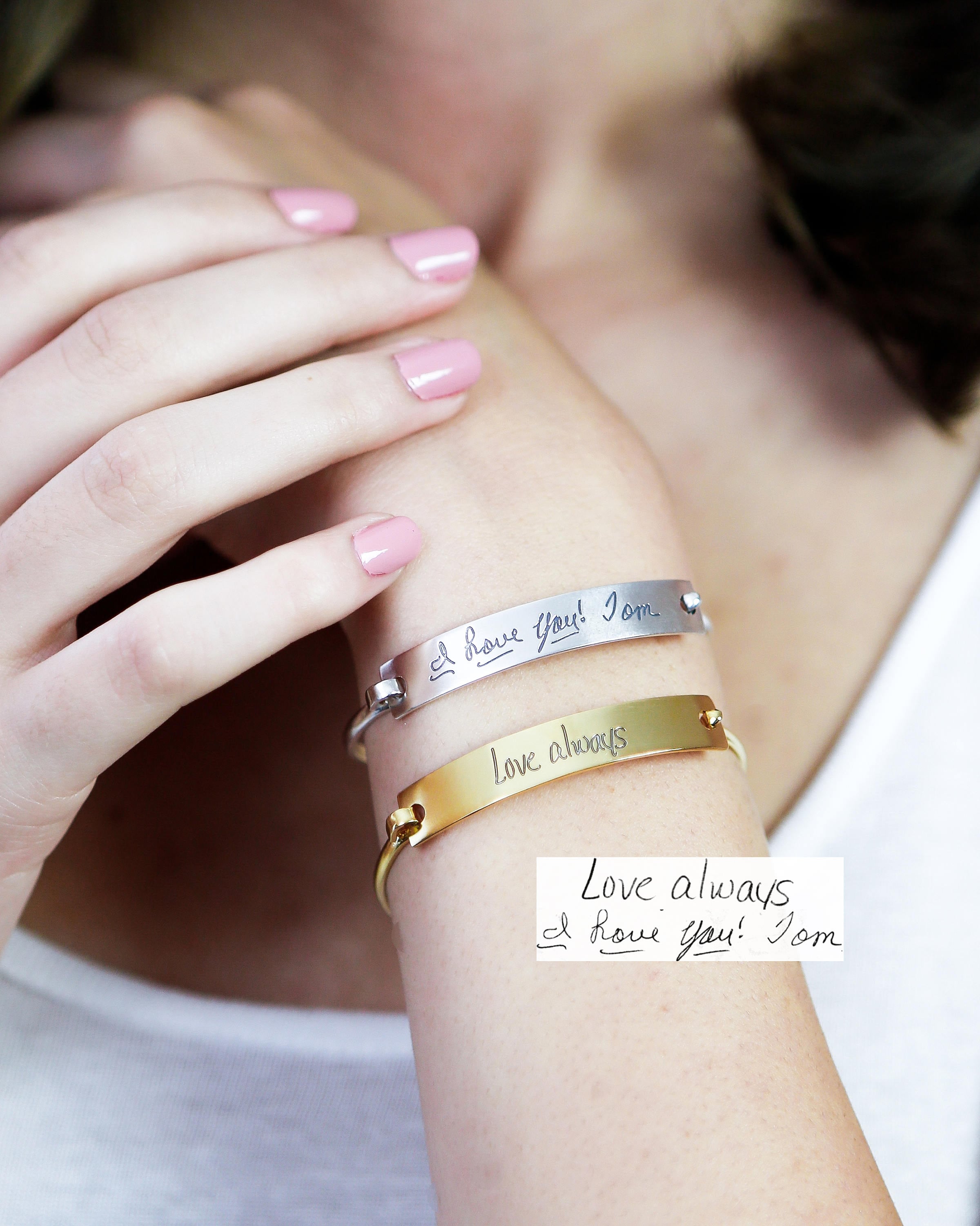Handwriting Jewelry Bar Bracelet Custom Actual Bangle Sentimental Keepsake Gift For Mom Memento Bm25