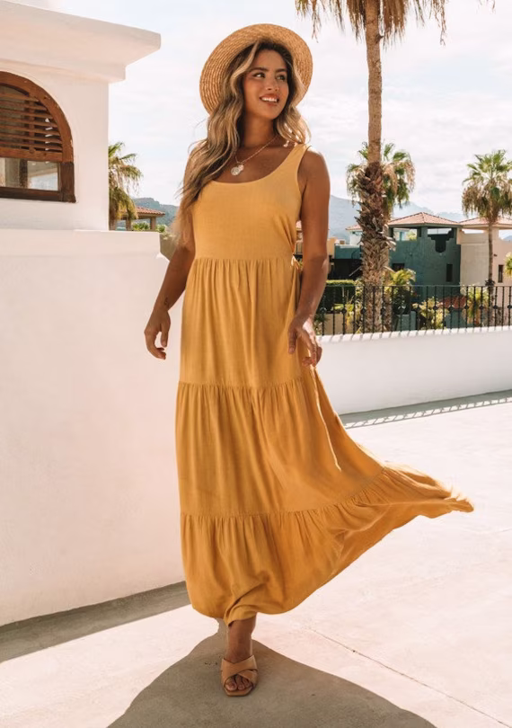 Honey Maxi Dress // Linen Blend Tiered Tank Mustard Beige Fall Bohemian Long Sleeve