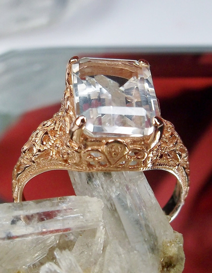 Natural Topaz Ring/ Rose Gold & Sterling Silver/ White Victorian/Art Nouveau Notre Dame Filigree[Made To Order] Design#206
