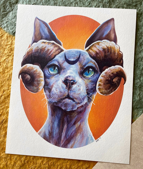 Aries Hairless Cat Print Signed & Dated- Classical 8 X 10 Sphynx On Deluxe Watercolor Paper - Astrology Star Sign High Quality