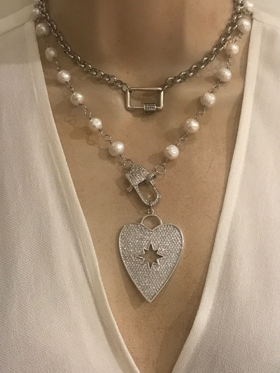 Silver Padlock Heart & Pearl Necklace/ Carabiner Necklace