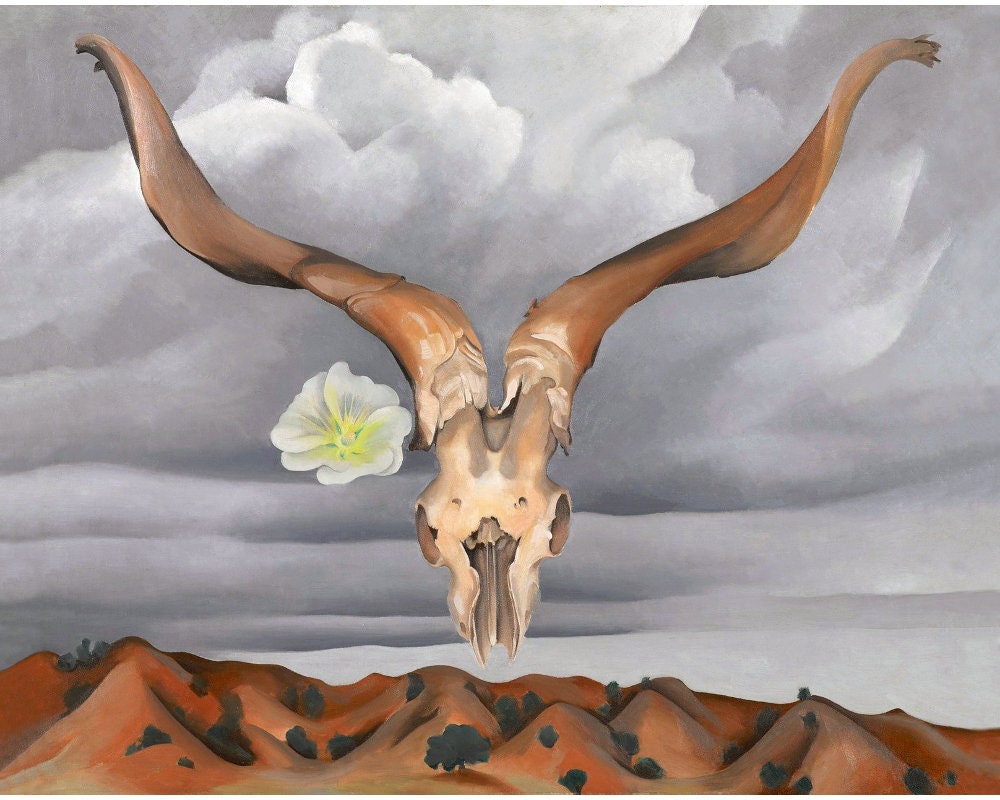 Georgia O'keeffe Art Print, Ram's Head With White Hollyhock & Little Hills Painting, Southwest, Animal Skull, Flowers, Desert Wall