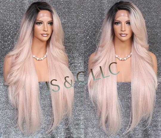 Human Hair Blend Full Lace Front Wig Feathered Sides Swept Bangs Hand Tied Mono Side Part Pink Rose Gold Mix Color Cancer/Alopecia/Cosplay