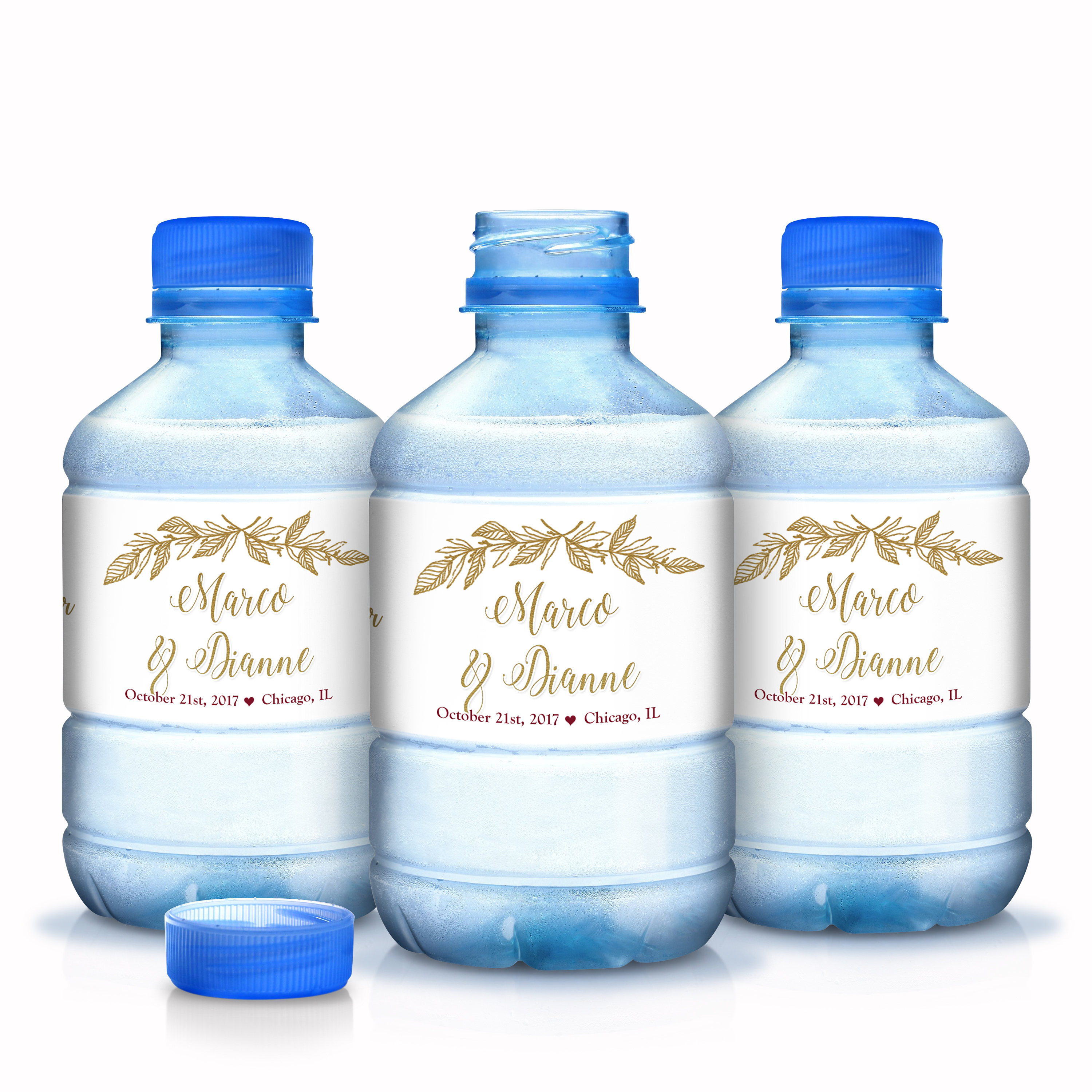 30 Wedding Water Bottle Labels, Personalized Gold Wreath Welcome Bags