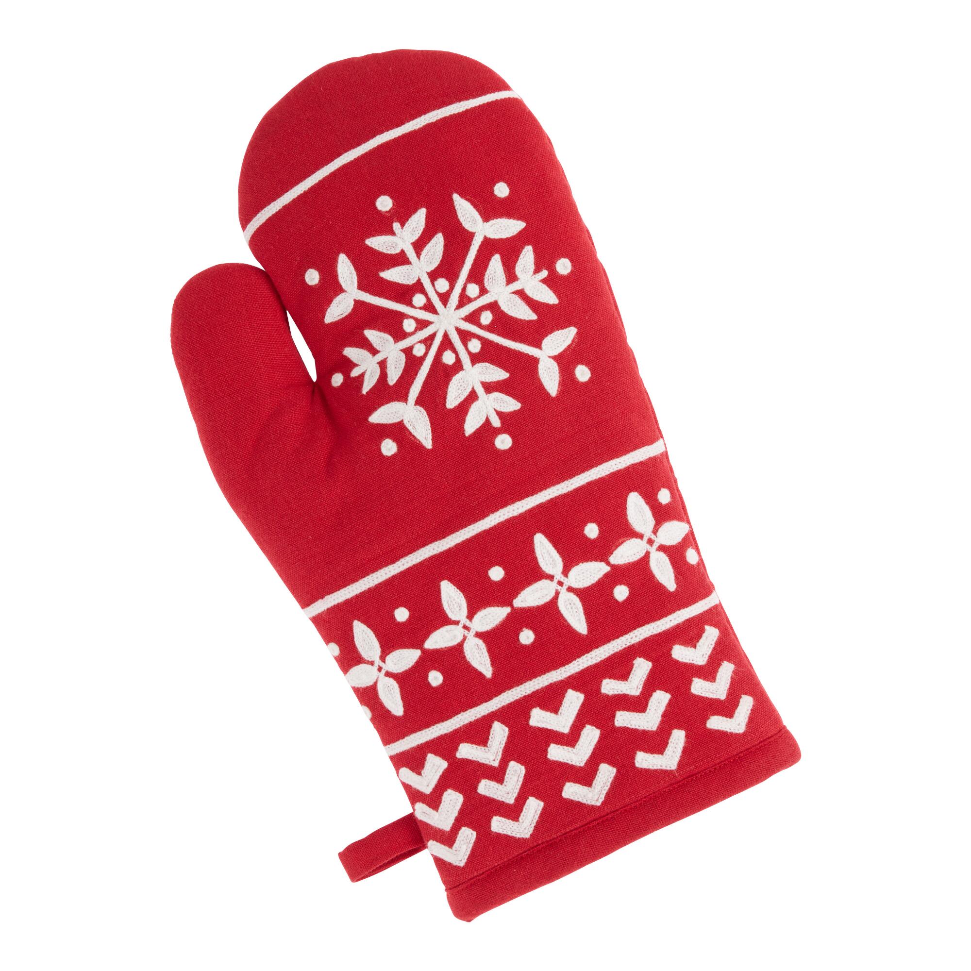 Red and White Embroidered Snowflake Oven Mitt: Red/White - Cotton by World Market