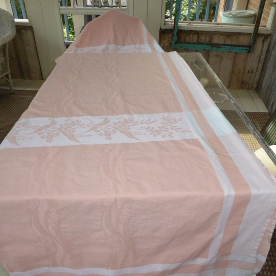 Vintage Extra Large Heavy Cotton Blend? "Simtex" Tablecloth White Bands On Peach with Some Floral 99"L X 58"W 1960S