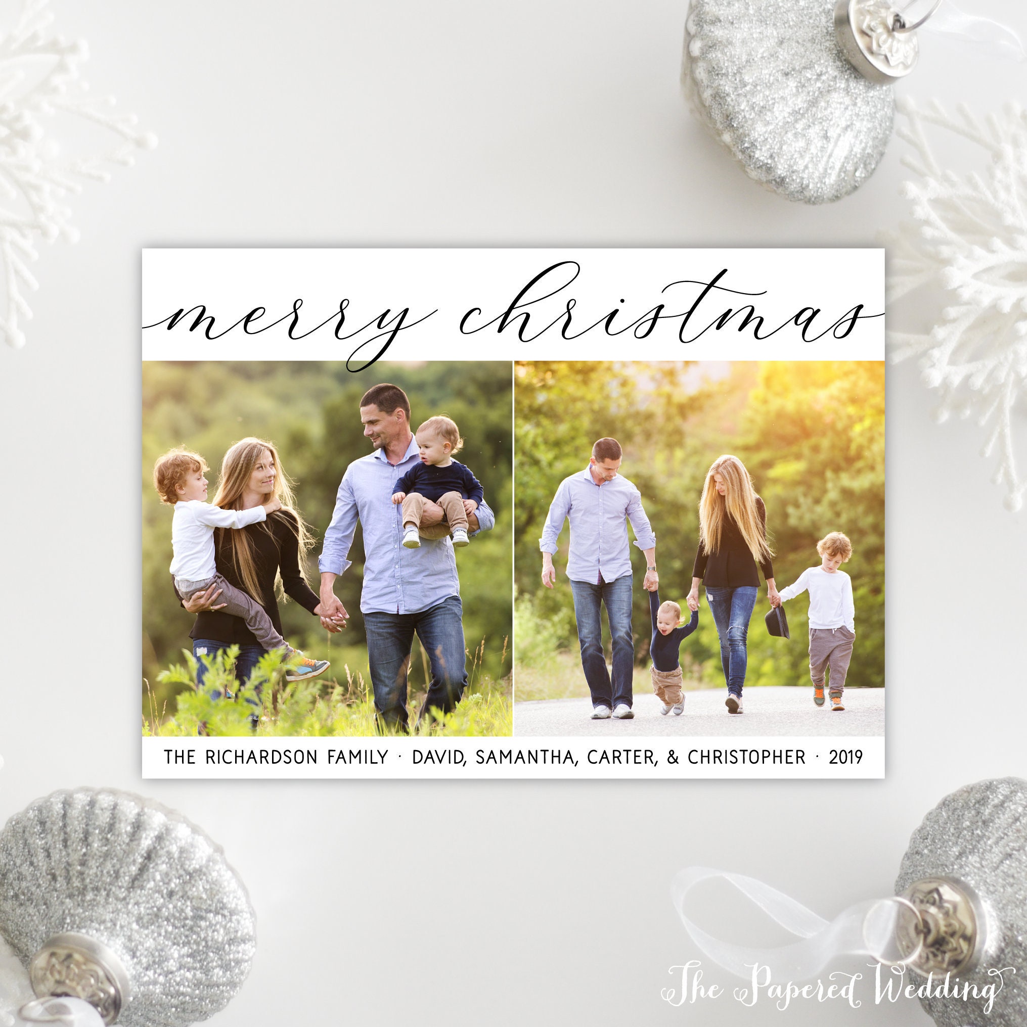 Printable Or Printed Merry Christmas Cards With Two Photos - Picture Collage, Simple Cards, Black & White Holiday 083 P2