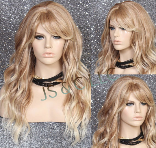 Beautiful Human Hair Blend Wig Strawberry Blonde Pale Mix Ombre Long Wavy Center Part Bangs Cancer/Alopecia/Cosplay