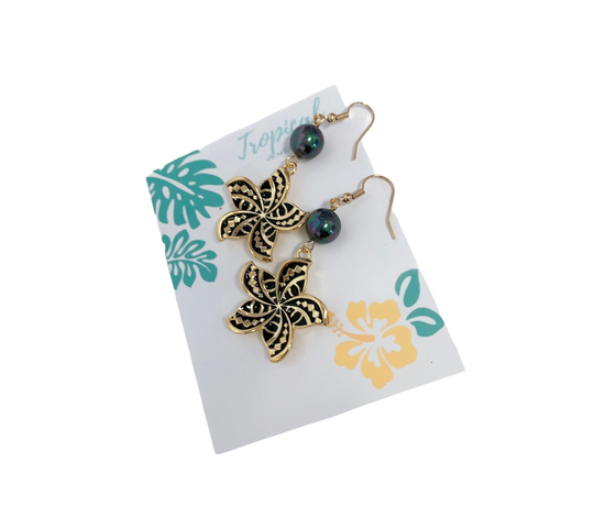 Hawaiian Black Enamel Plumeria Flower With Shell Pearls Hamilton Gold Earring Or Necklace