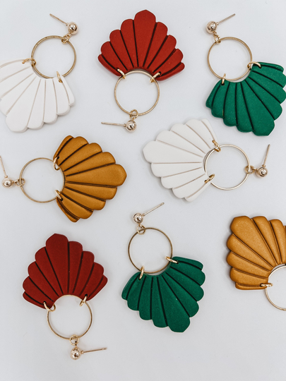Red White Green Gold Fans | Clay Dangle Earrings Handmade Hypoallergenic Lightweight Statement Boho Simple Gift Women