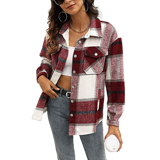 Womens Casual Plaid Wool Blend Button Down Long Sleeve Shirt Jacket Shackets - wine red, l