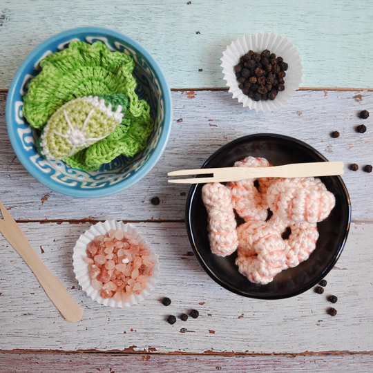 Crochet Prawns, Shrimps Set | 5 Pcs - Slice Lime & Salad Leaf, Crochet Seafood, Dinner, Pretend Play Food, Montessori, Amigurumi Toy
