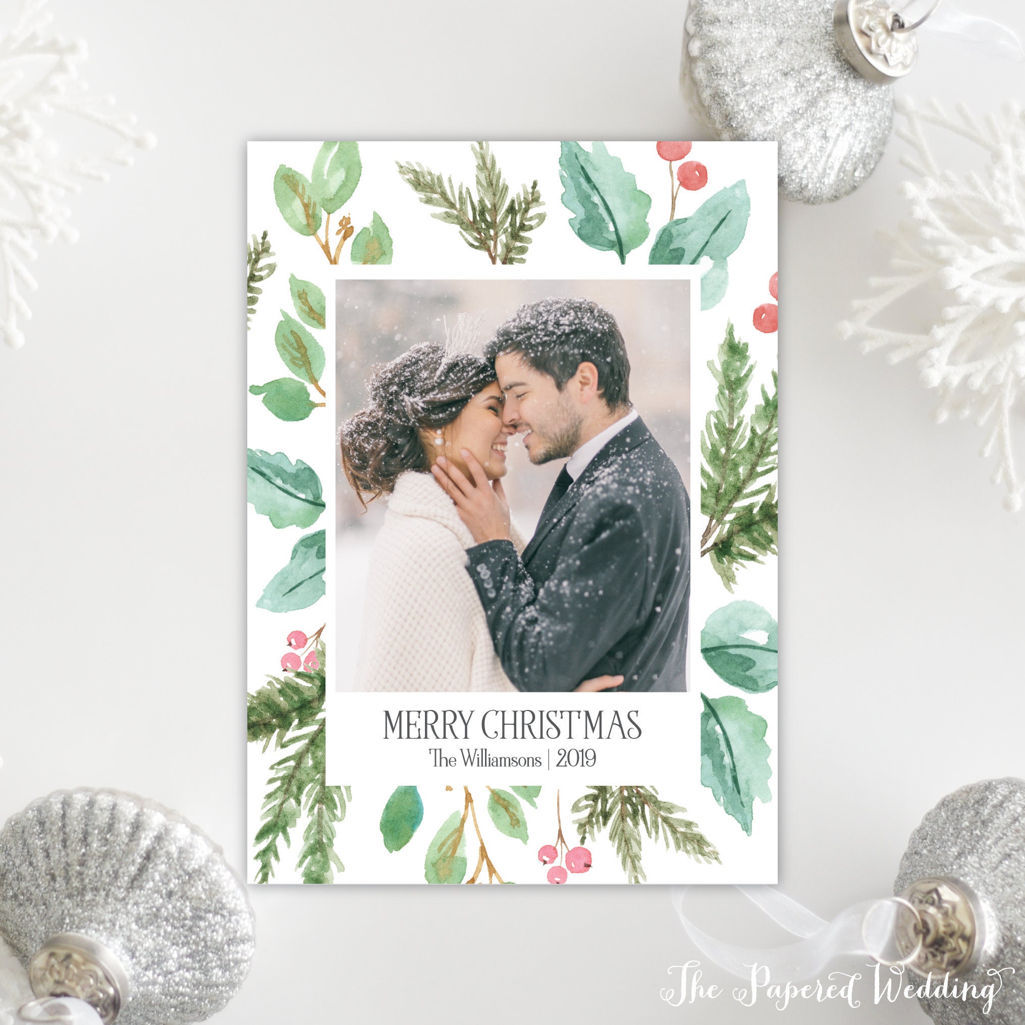 Printable Or Printed Photo Christmas Cards - Red & Green With Picture Watercolor Greenery 088 P1