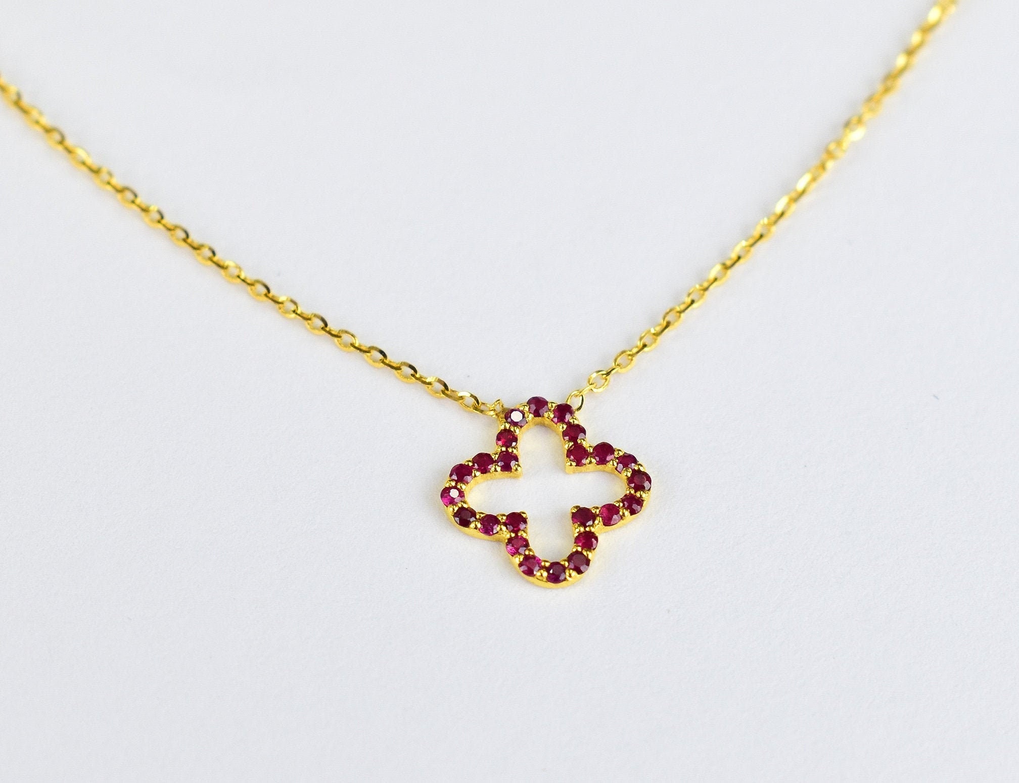 Ruby Clover Necklace in 10K 14K 18K Gold/ Dainty Halo Necklace/ Birthstone/Lucky Gemstone July Birthstone