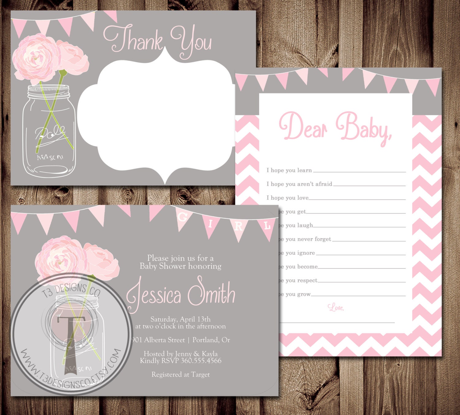 Baby Girl Baby Shower Invitation Set, Baby Shower Invite, Mason Jar Shower, Jar, Flowers, Baby, Pink, Thank You Card, Dear