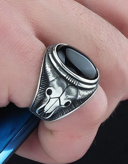 Ram Head Signet Silver Men's Ring-April Gift For Her New Year Gift-Husband Ring-Aries Black Onyx Stone Ring