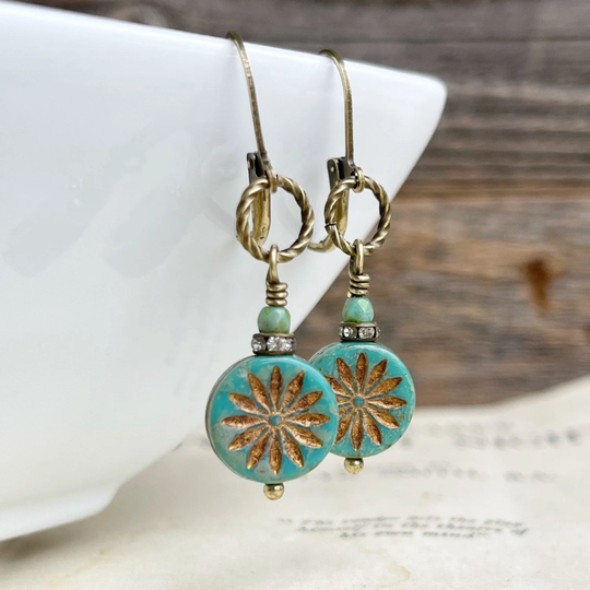 Last Pair Turquoise Blue Earrings, Czech Glass Star Flower Dangle Gift For Her