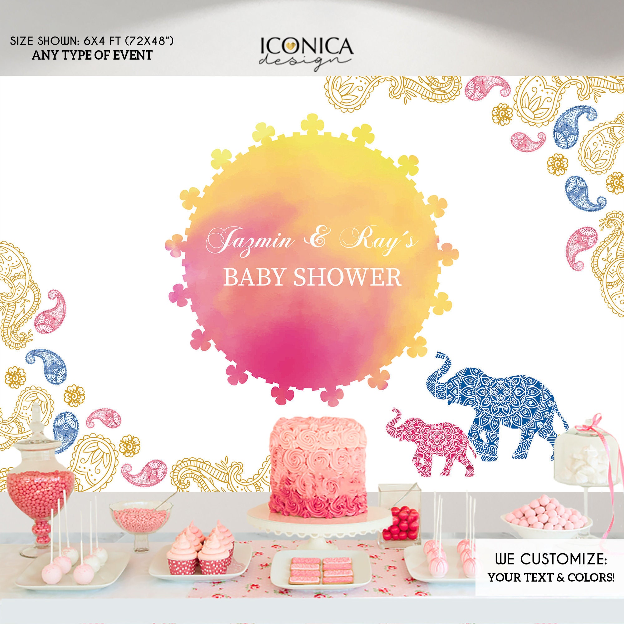 Moroccan Baby Shower Backdrop, Pink & Orange Watercolor Elephant Party Any Event, Printed Or Printable File Bbs0024