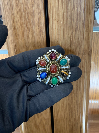 Vintage Silver Filigree Multi-Color Stones Pendant Brooch